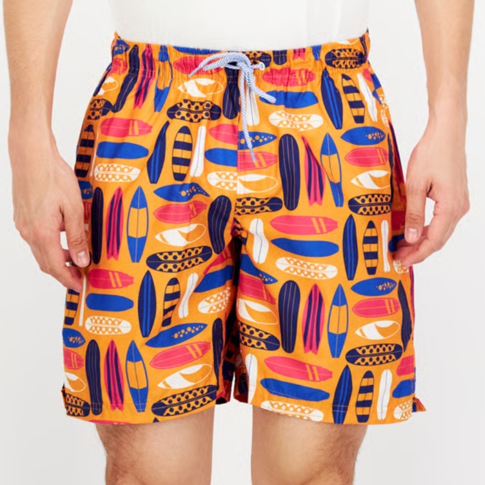 Tailorbyrd All Over Print Swim Shorts with Surfboards in Orange